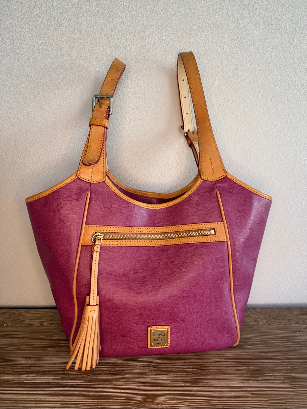 Dooney & Bourke Magenta Tote with Tan Leather Trim